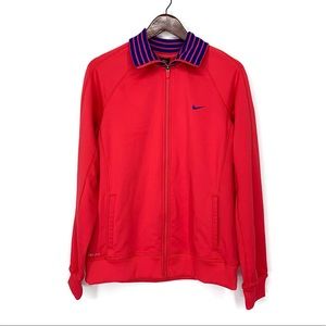 Nike Dri Fit Melon Pink Blue Striped Collar Full Zip Performance Top Size Medium